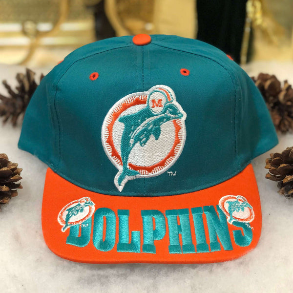 Vintage Deadstock NWOT NFL Miami Dolphins Drew Pearson Brim Spellout Twill Snapback Hat