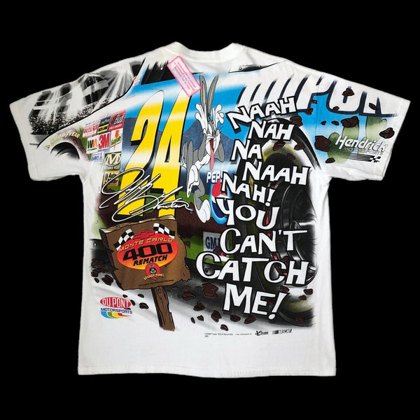 Vintage Deadstock NWOT 2002 NASCAR Monte Carlo 400 Rematch Jeff Gordon Looney Tunes Bugs Bunny All Over Print AOP T-Shirt (M)