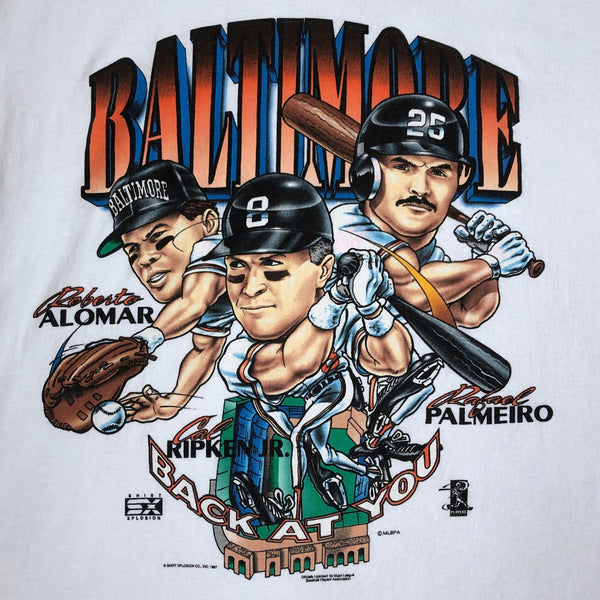 Vintage 1997 MLB Baltimore Orioles Roberto Alomar Cal Ripken Jr. Rafael Palmeiro Shirt Xplosion Caricature T-Shirt (XL)
