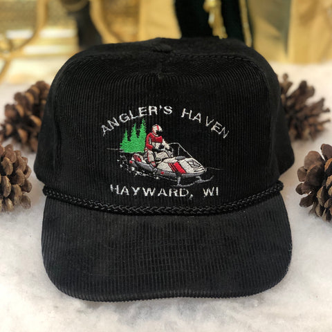 Vintage Angler's Haven Resort Hayward Wisconsin Snowmobiling Corduroy Strapback Hat