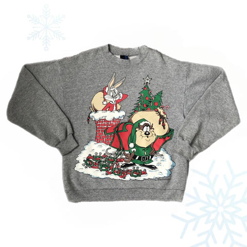 Vintage 1993 Looney Tunes Bugs Bunny Taz Santa Christmas Crewneck Sweatshirt (M/L)