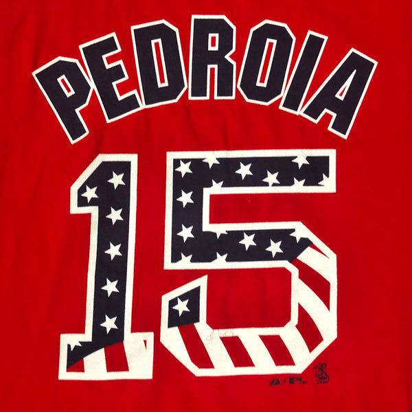 2010 MLB Boston Red Sox Dustin Pedroia USA Flag July 4th Stars & Stripes Jersey T-Shirt (L)