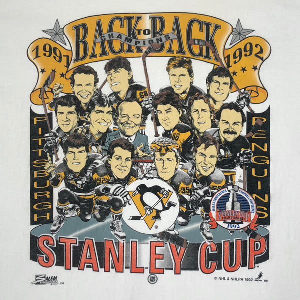 Vintage NHL Pittsburgh Penguins 1991-92 Back-to-Back Champions Salem Sportswear Caricature T-Shirt (L)
