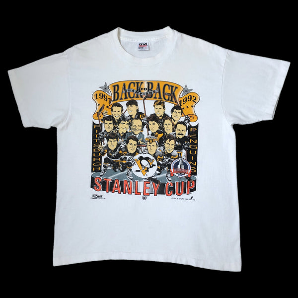 Vintage NHL Pittsburgh Penguins 1991-92 Back-to-Back Champions Salem Sportswear Caricature T-Shirt (L)