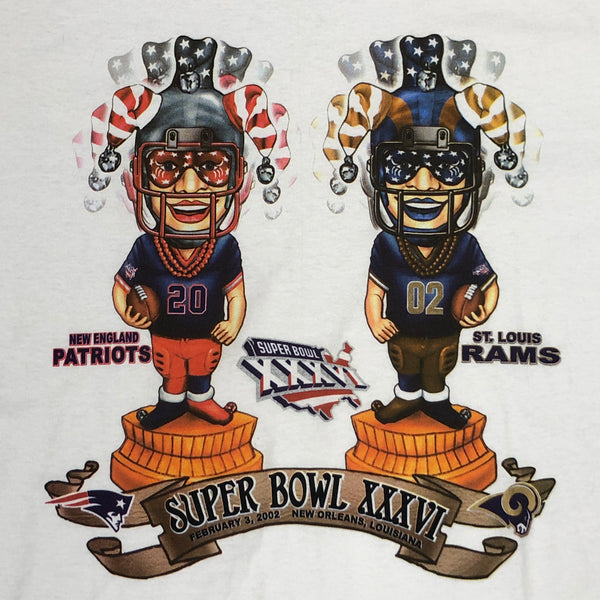 Vintage 2001 NFL Super Bowl XXVI New England Patriots St. Louis Rams Bobbleheads T-Shirt (XL)