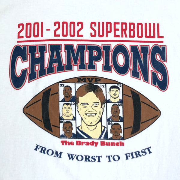 Vintage NFL New England Patriots 2001-02 Super Bowl Champions The Brady Bunch "From Worst to First" T-Shirt (XL)