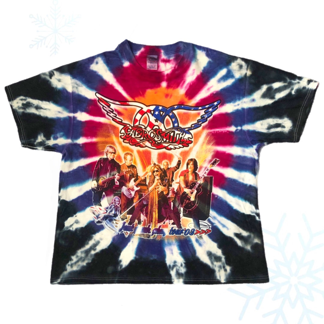 Vintage Aerosmith KISS 2003 Just Push Play Tour Tie-Dye All Over Print T-Shirt (XL)