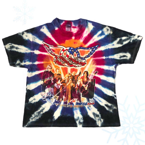 Vintage Aerosmith KISS 2003 Just Push Play Tour Tie-Dye All Over Print T-Shirt (XL)