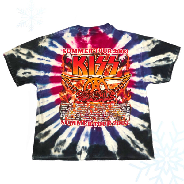 Vintage Aerosmith KISS 2003 Just Push Play Tour Tie-Dye All Over Print T-Shirt (XL)