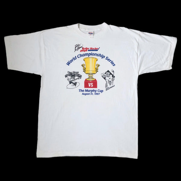 Vintage Deadstock NWOT 1997 RHI Roller Hockey International World Championship Series The Murphy Cup New Jersey Rockin' Rollers vs. Anaheim Bullfrogs T-Shirt (XL)