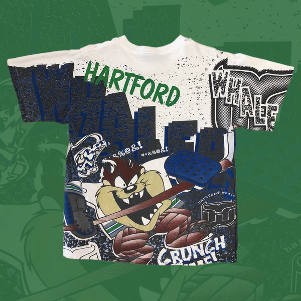 Vintage NHL Hartford Whalers Taz Looney Tunes Magic Johnson T's "Crunch Time!" All Over Print T-Shirt (L)