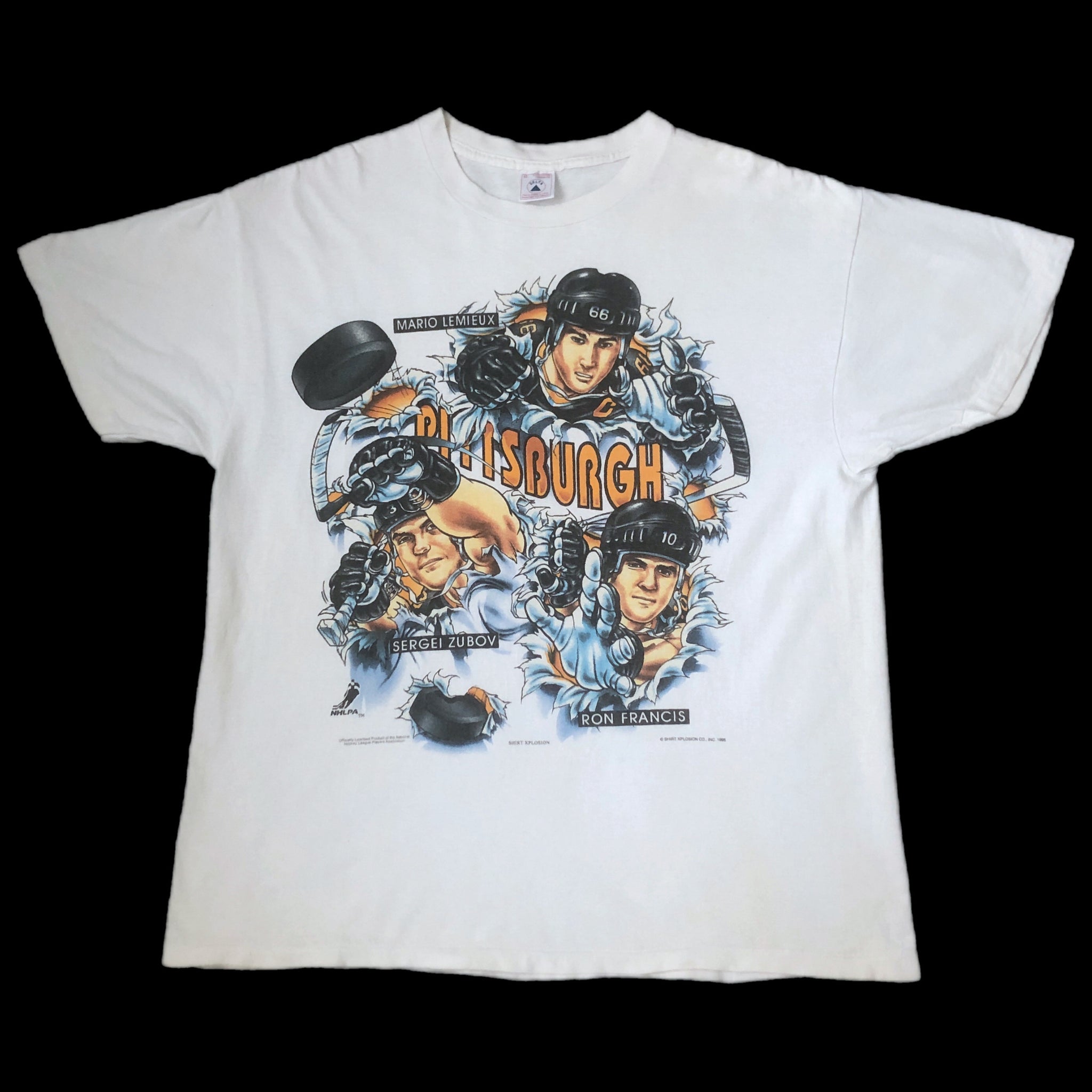 Vintage 1995 NHL Pittsburgh Penguins Shirt Xplosion Caricature Mario Lemieux Ron Francis Sergei Zubov T-Shirt (XL)