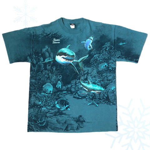 Vintage Nassau Bahamas Sharks Underwater Ocean All Over Print T-Shirt (XL)