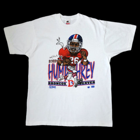 Vintage 1990 NFL Denver Broncos Bobby Humprhey Salem Sportswear Caricature T-Shirt (XL)