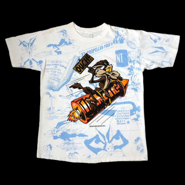 Vintage Looney Tunes Wile E. Coyote Rocket Human Cannon Ball All Over Print AOP T-Shirt (XL)