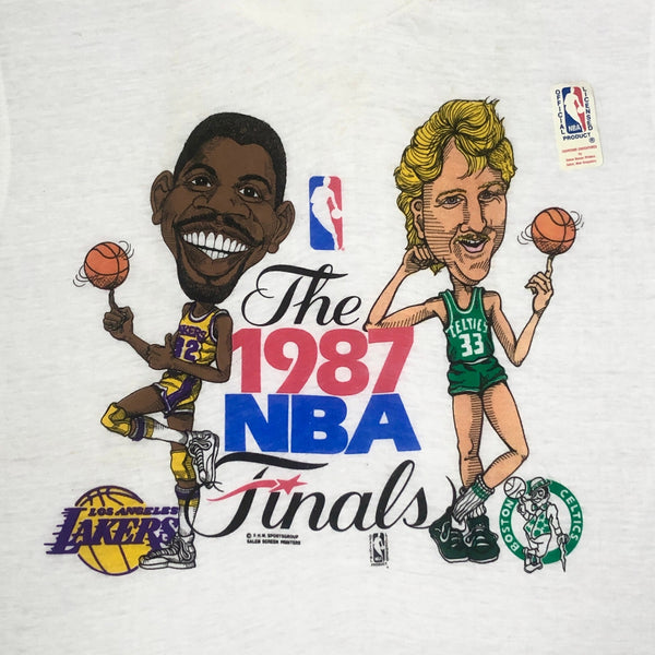Vintage Deadstock NWOT 1987 NBA Finals Larry Bird Boston Celtics Magic Johnson Los Angeles Lakers Salem Sportswear Caricature T-Shirt (L)