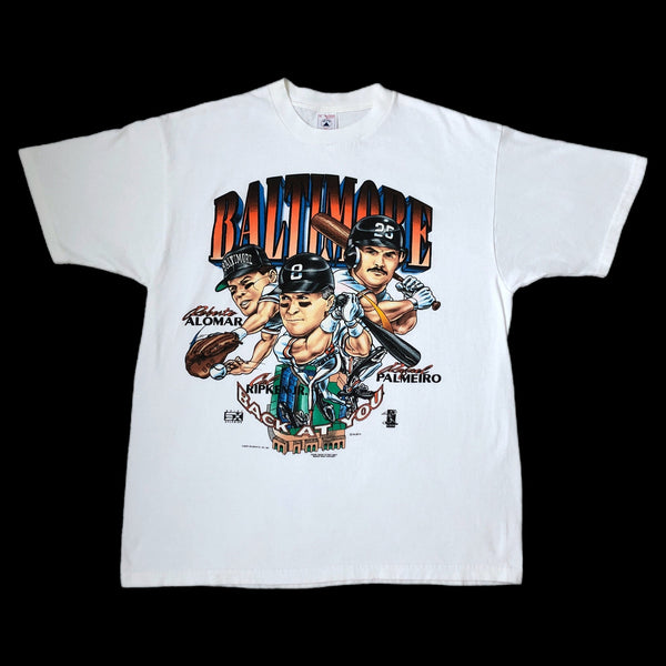 Vintage 1997 MLB Baltimore Orioles Roberto Alomar Cal Ripken Jr. Rafael Palmeiro Shirt Xplosion Caricature T-Shirt (XL)