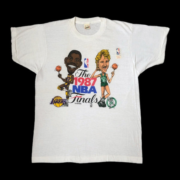 Vintage Deadstock NWOT 1987 NBA Finals Larry Bird Boston Celtics Magic Johnson Los Angeles Lakers Salem Sportswear Caricature T-Shirt (L)