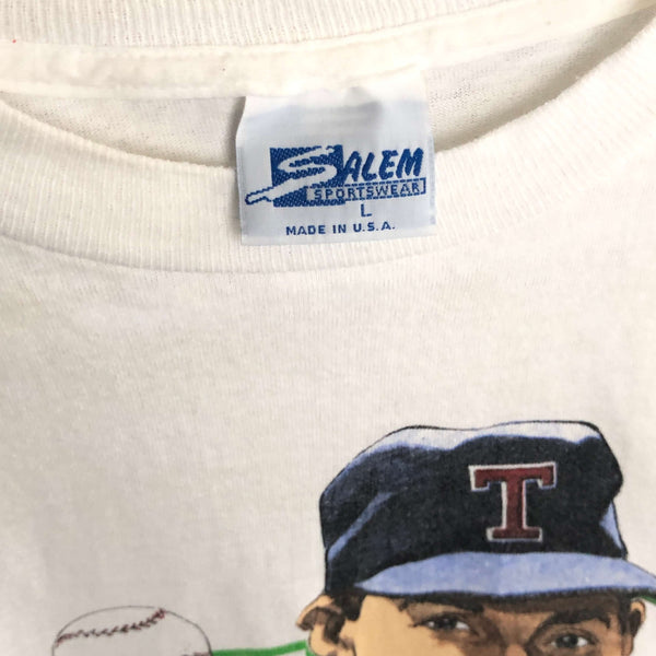 Vintage 1989 MLB Texas Rangers Nolan Ryan 5000 K's Salem Sportswear Caricature T-Shirt (L)