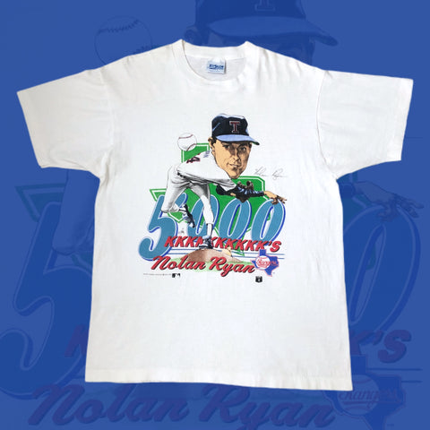 Vintage 1989 MLB Texas Rangers Nolan Ryan 5000 K's Salem Sportswear Caricature T-Shirt (L)