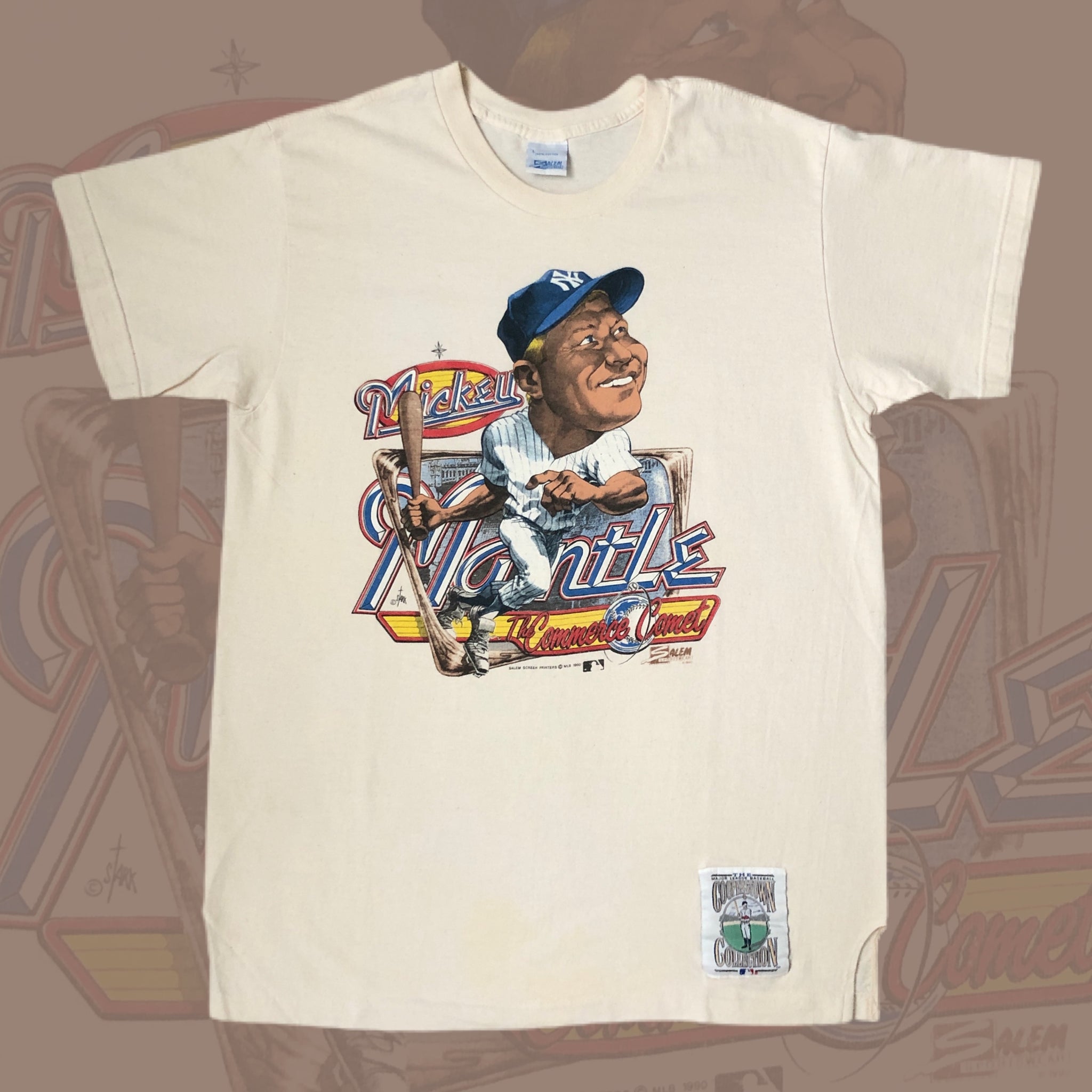 Vintage 1990 Mickey Mantle "The Commerce Comet" Salem Sportswear Caricature T-Shirt (L)