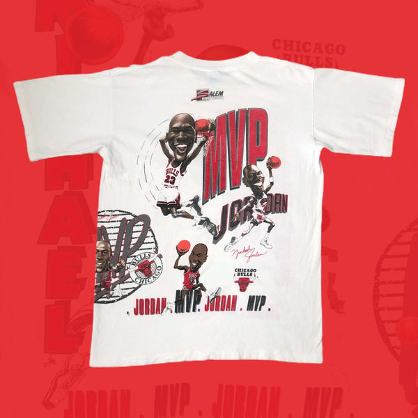 Vintage NBA Chicago Bulls Michael Jordan 1991 MVP Salem Sportswear Caricature All Over Print T-Shirt (M)