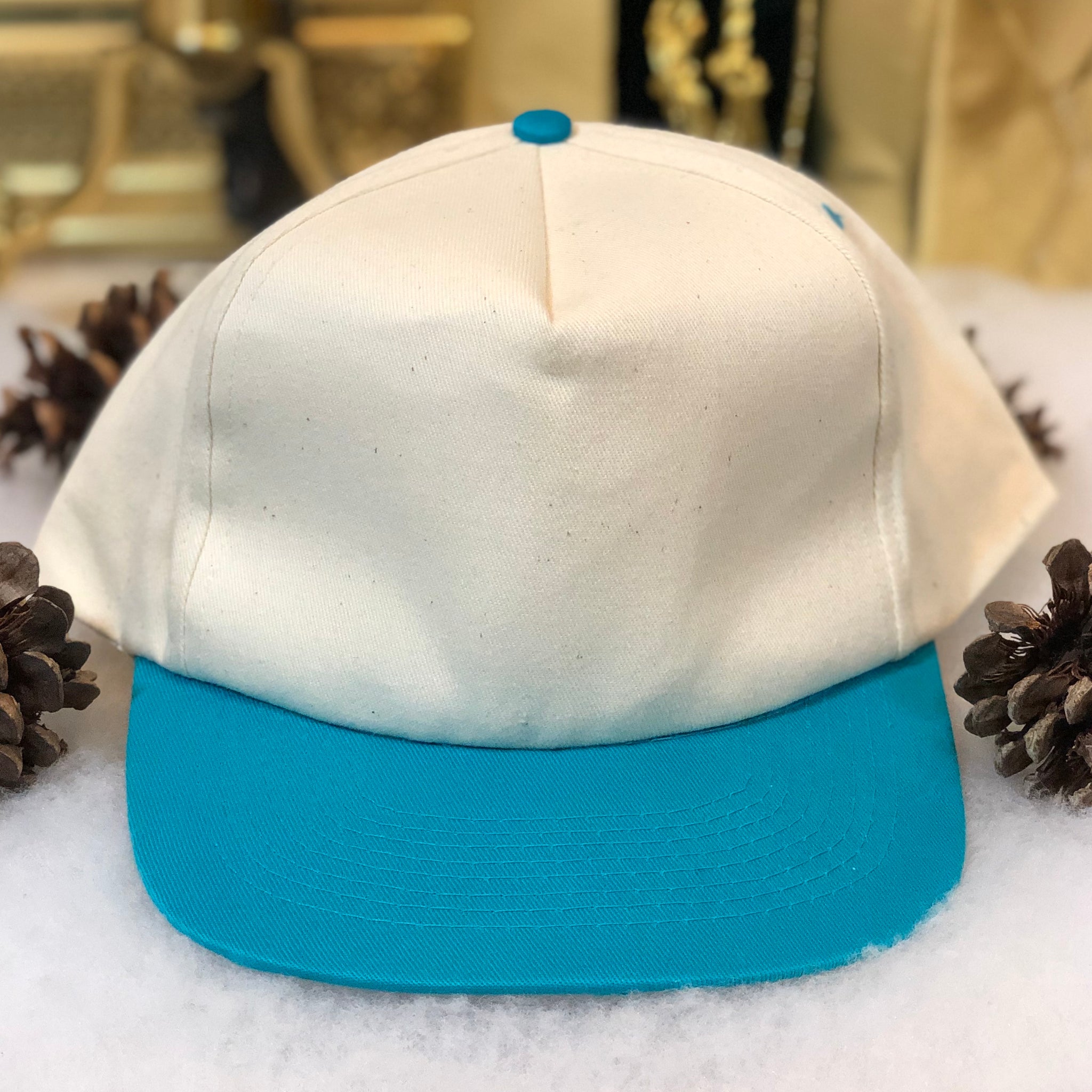 Vintage Deadstock NWOT Blank Cream Off-White Teal Blue Twill Snapback Hat