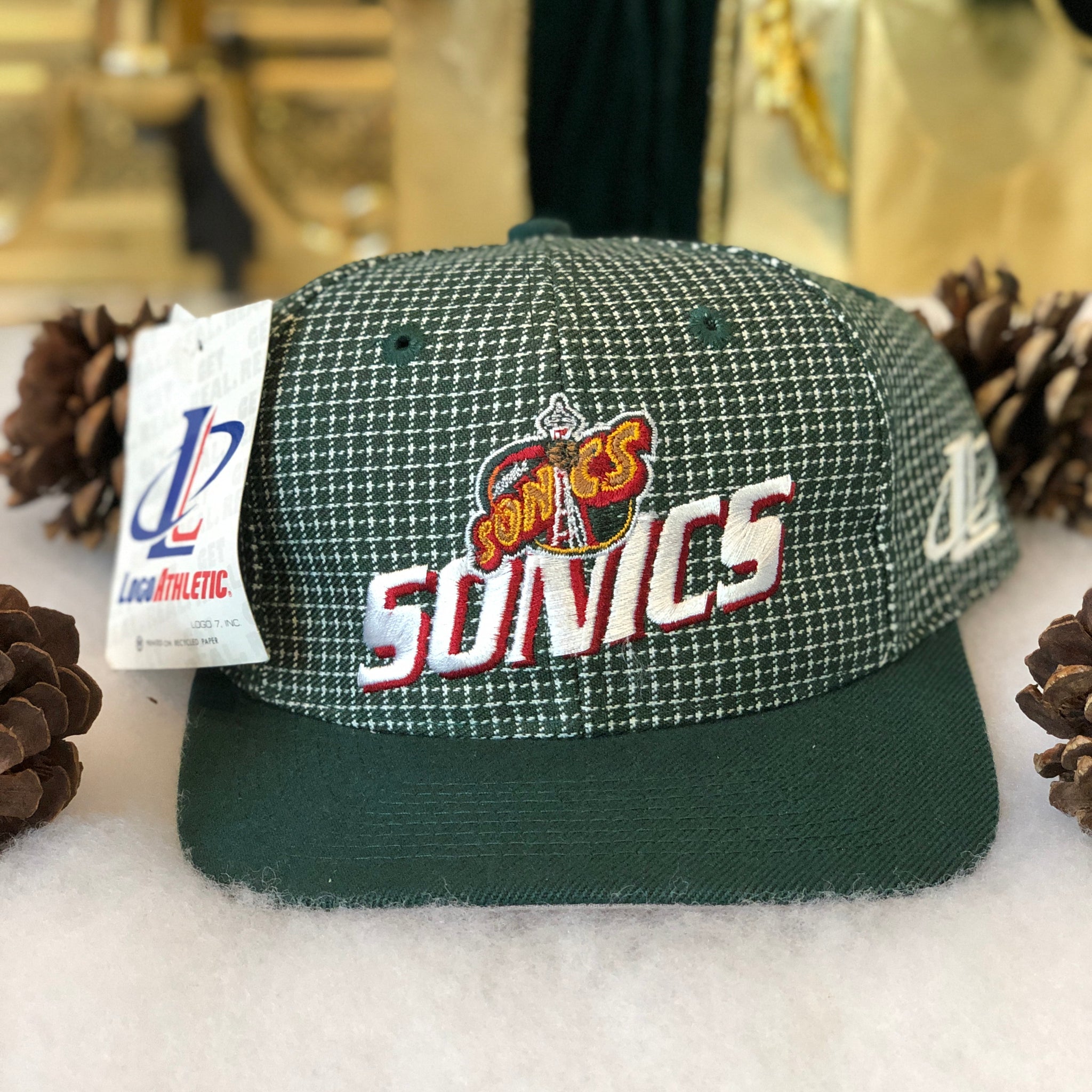 Vintage Deadstock NWT Logo Athletic NBA Seattle Supersonics Checkered Plaid Velcro Hat