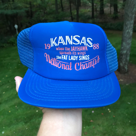 Vintage Speedway 1988 National Champions NCAA Kansas Jayhawks Trucker Hat Snapback