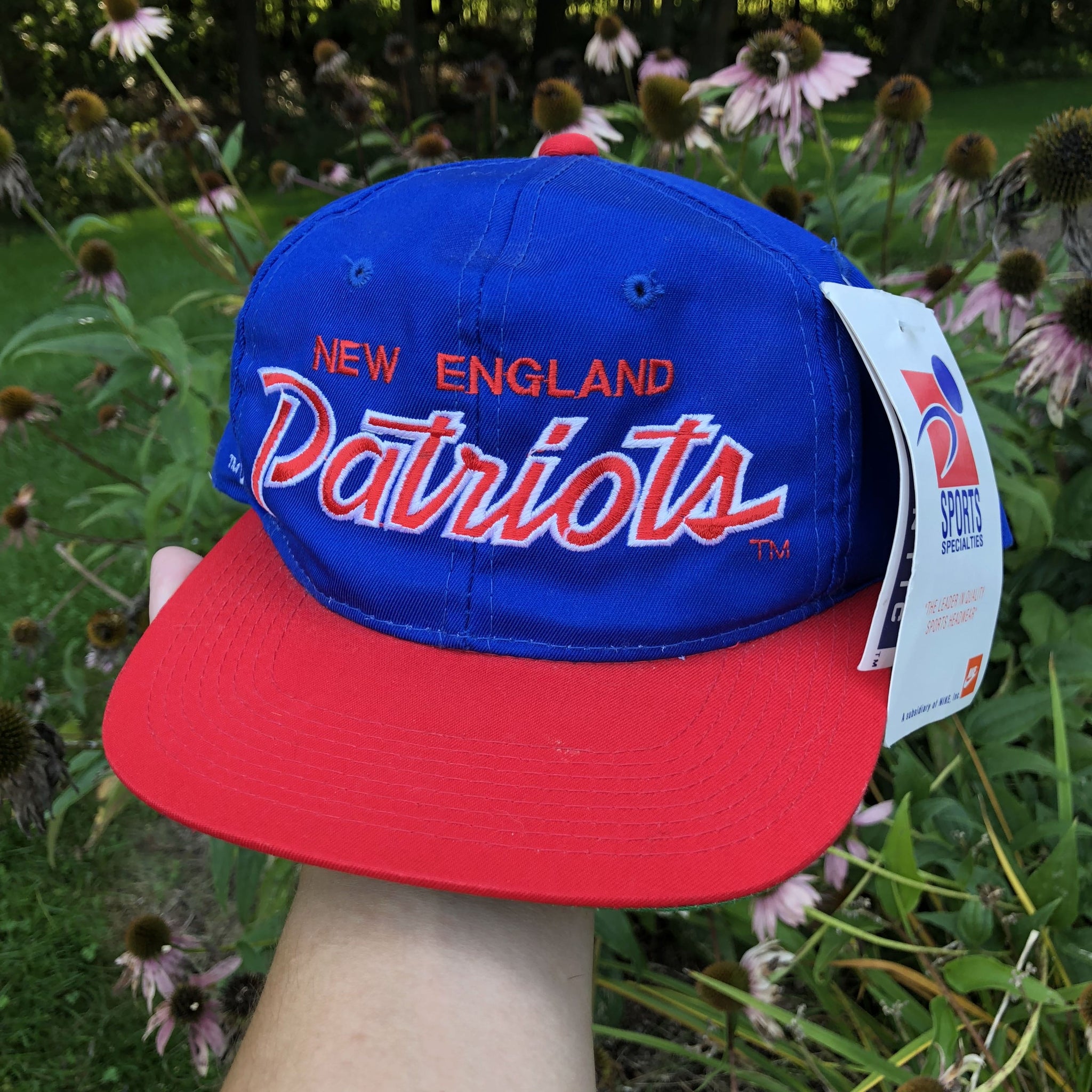 Vintage Deadstock NWT Sports Specialties Script NFL New England Patriots Snapback Hat