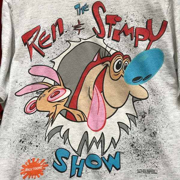 Vintage 1991 MTV Networks Nickelodeon The Ren and Stimpy Show Grey T-Shirt