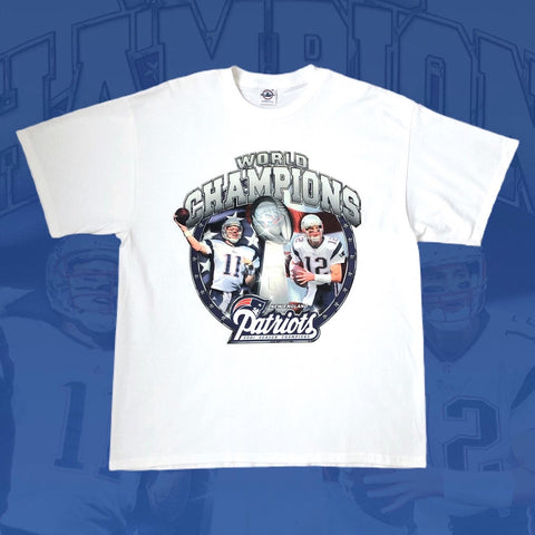 Vintage NFL New England Patriots 2001 World Champions Brady Bledsoe T-Shirt (XL)